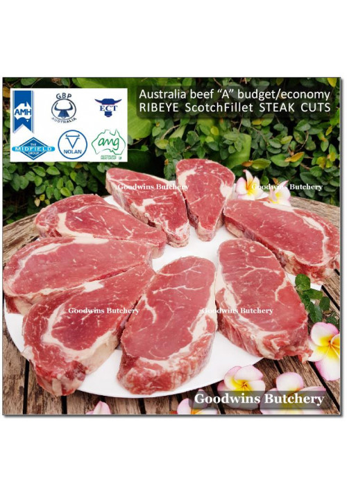 Beef Ribeye AUSTRALIA BUDGET frozen brand either AMG or NOLAN ECCO steak cuts thickness: 2.5 cm, 2cm & 1cm price/kg (Scotch-Fillet / Cube-Roll)